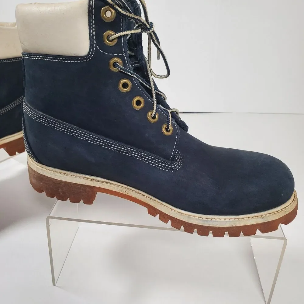 Timberland Men’s Premium 6-Inch Waterproof Boots 8.5M Navy Nubuck White Collar - Picture 7 of 16